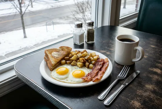 Two fried eggs, diced potatoes, bacon and toast on a white plate beside a mug of black coffee, at a window with snow outside